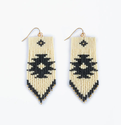 Beaded Tribal Fringe Earrings - Cream & Black