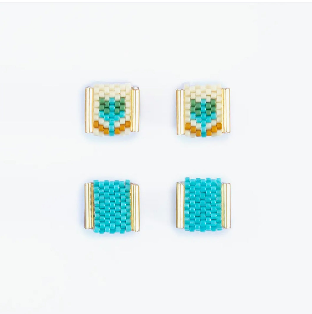 Beaded Tulip Stud Set - Cream & Aqua