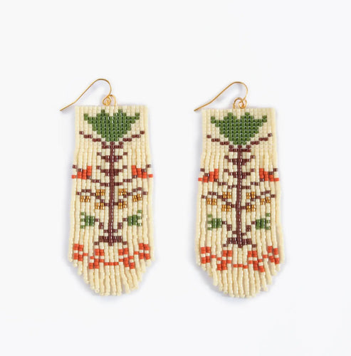 Beaded Vintage Flower Fringe Earrings - Cream & Green