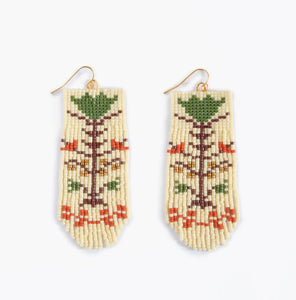 Beaded Vintage Flower Fringe Earrings - Cream & Green