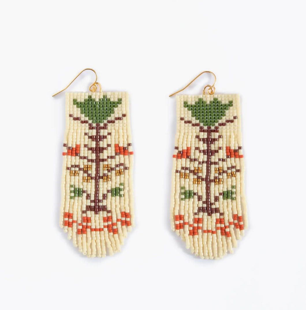 Beaded Vintage Flower Fringe Earrings - Cream & Green