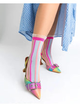 Load image into Gallery viewer, Candy Stripe Ruffle Sheer Crew Sock