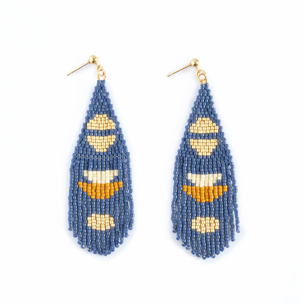 Beaded Boho Half Moon Earrings - Blue