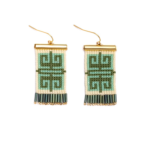 Beaded Jungle Labyrinth Earrings - Green & Cream