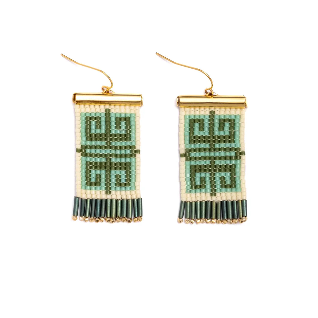 Beaded Jungle Labyrinth Earrings - Green & Cream