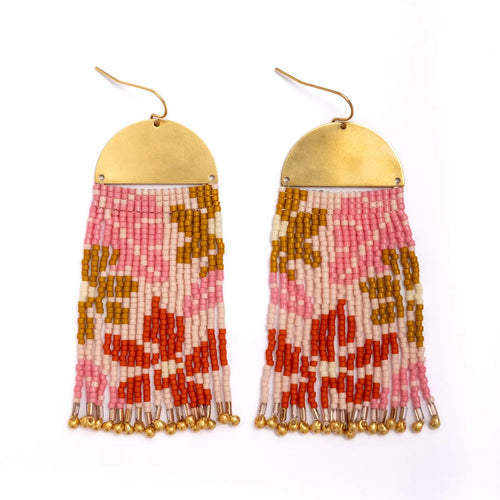 Beaded Tropical Fringe Earrings - Pink & Mustard