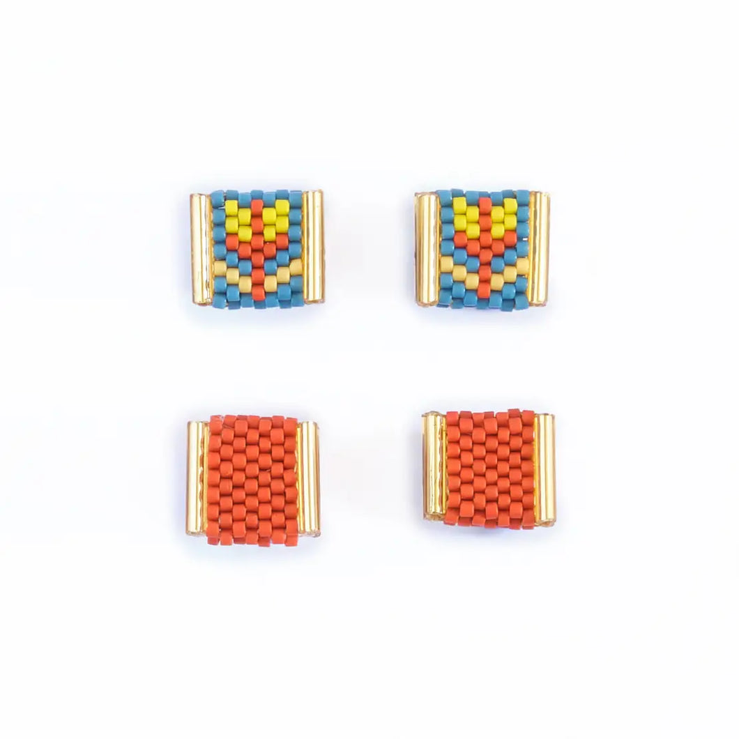 Beaded Tulip Stud Set - Teal & Rust