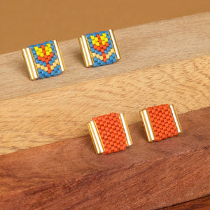 Beaded Tulip Stud Set - Teal & Rust