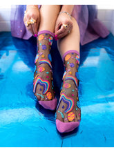 Load image into Gallery viewer, Pop Art Planets Black Sheer Crew Sock