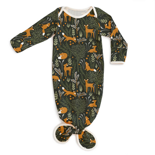 Knotted Baby Gown -Deer & Foxes  Dark Green