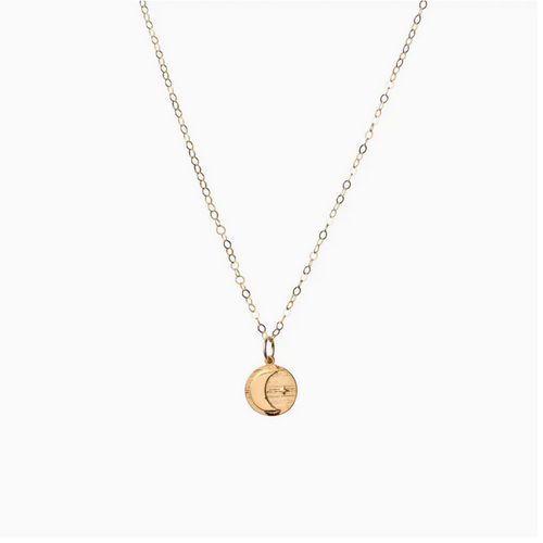 Small Luna Moon Star Round Charm Disc Necklace