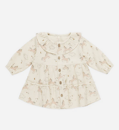 Ruffle Collar Button Dress - Unicorns