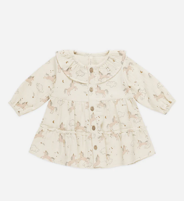 Ruffle Collar Button Dress - Unicorns