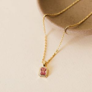 Rectangular Gold Baguette Pendant - Pink Gem