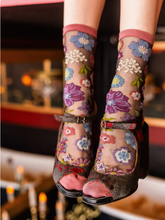 Load image into Gallery viewer, Dark Florals Black Sheer Crew Sock
