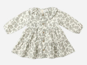 Ruffle Collar Button Dress - Green Floral