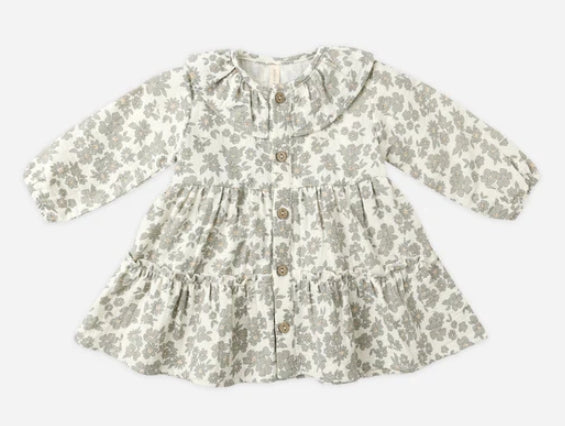 Ruffle Collar Button Dress - Green Floral