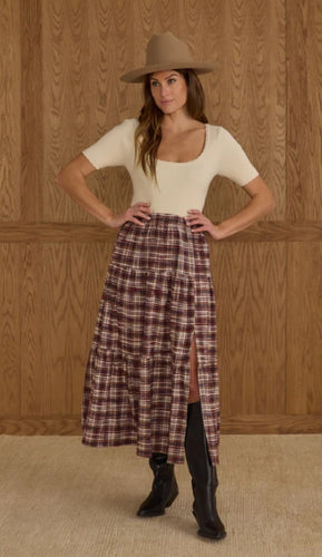 Tiered Midi Skirt - Burgundy Plaid
