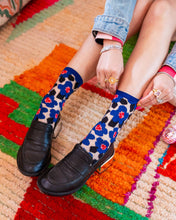 Load image into Gallery viewer, Bold Blue Floral Sheer Crew Sock
